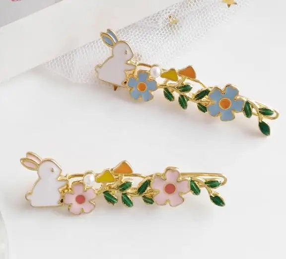 10pcs Rabbit Barrettes Hairclip Sakura Flower Enamel Metal Accessory