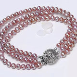 3 Row Pink Purple Pearl Bracelet with Zircon Crystal Inlay 7.5-8 Inches