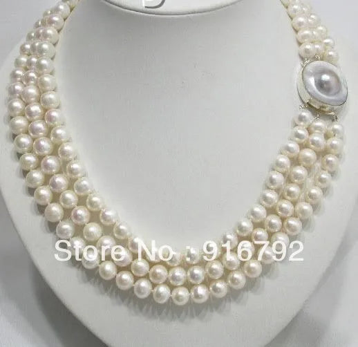 Lustrous 3-Row 8mm Round Pearl Necklace Blister