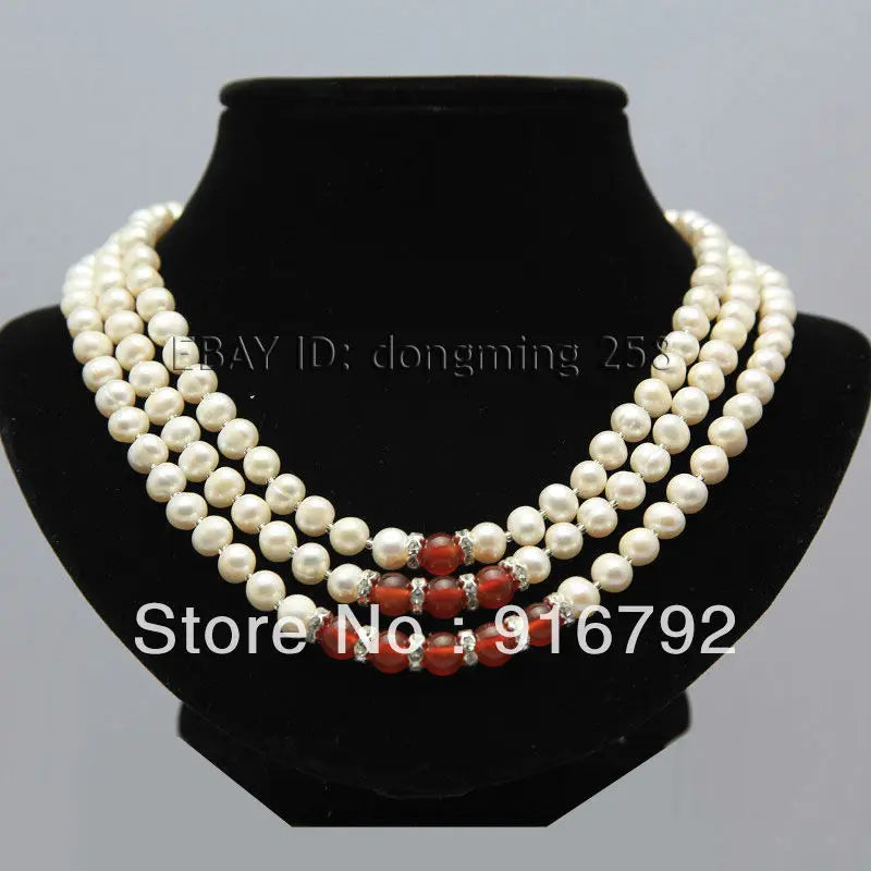 8mm Akoya Pearl Necklace with Red Stone