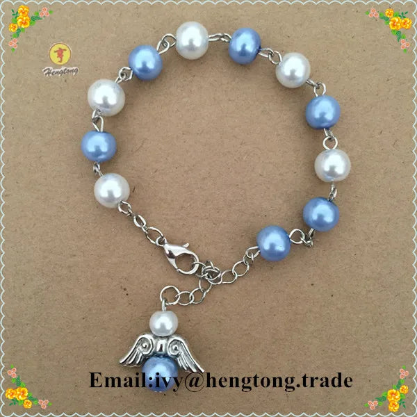 Glass Pearl Rosary Bracelet with Wing Pendant