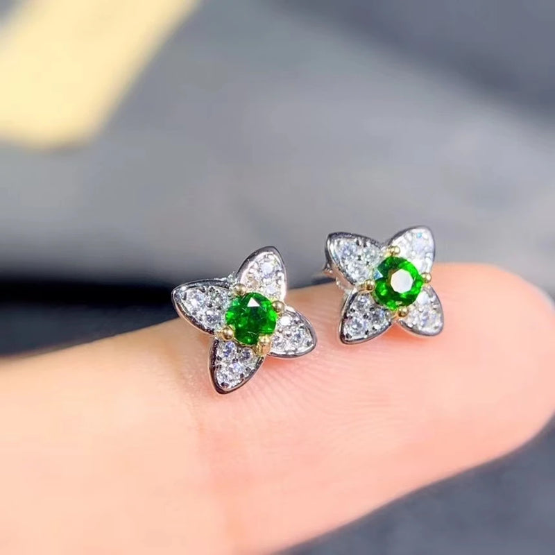 Green Diopside Gemstone Earrings Silver Fine Jewelry Triangle Shape