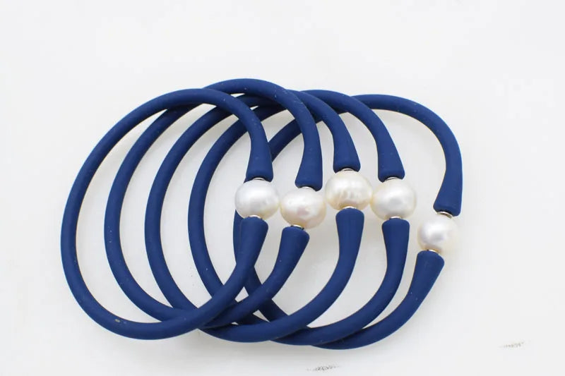 Freshwater Pearl Bracelet 10-11mm Round Blue/Brown Silicone 7.5inch FPPj Beads