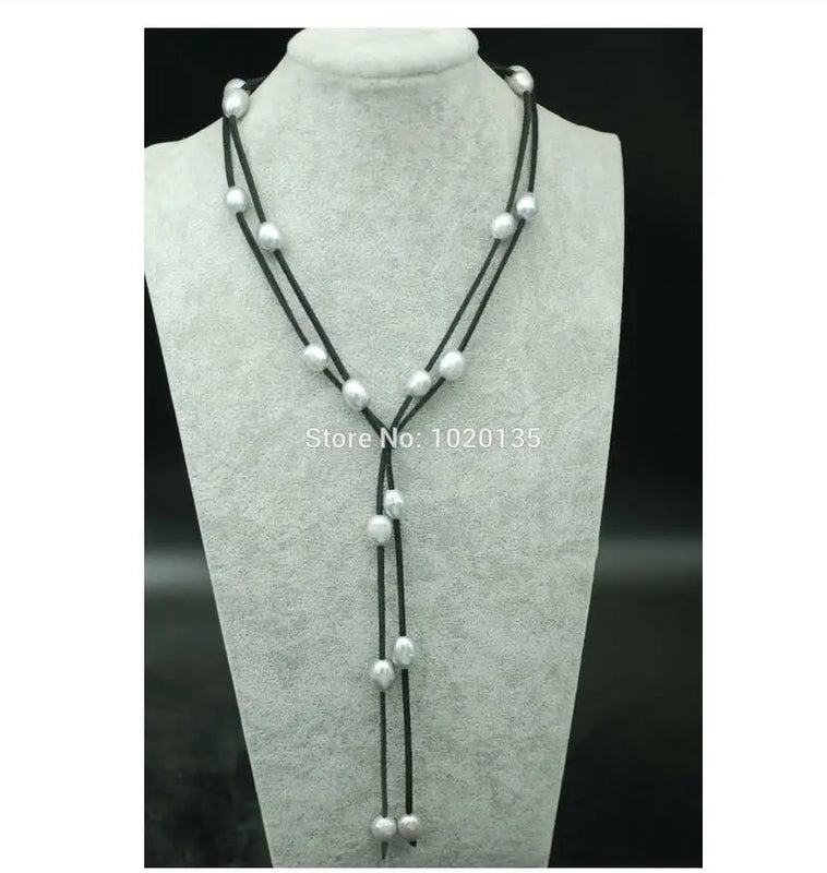 Freshwater Pearl Gray Egg Big Hole 9-13mm Leather Necklace