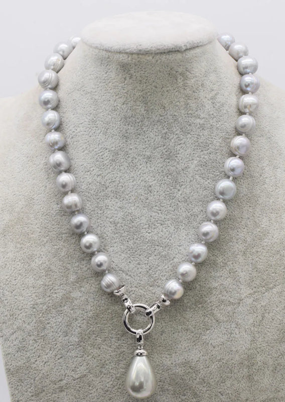 Freshwater Pearl Gray 11-12mm Shell Drop Necklace 18 Inch