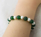 Freshwater Pearl/Green Jade Bracelet 7.5 Inch Natural Beads