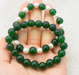 Freshwater Pearl/Green Jade Bracelet 7.5 Inch Natural Beads