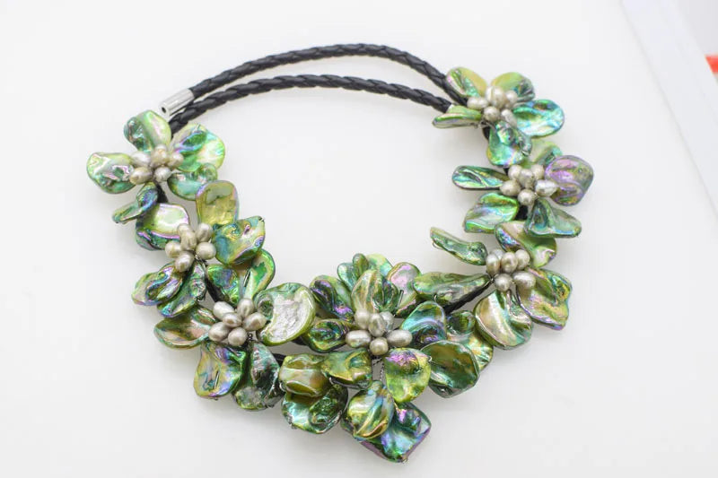 Green Shell Baroque Flower Necklace Earrings Set