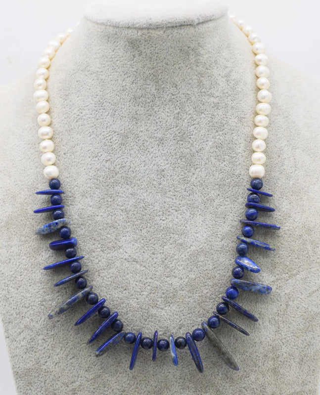 Freshwater Pearl Lapis Quartz Necklace 18in