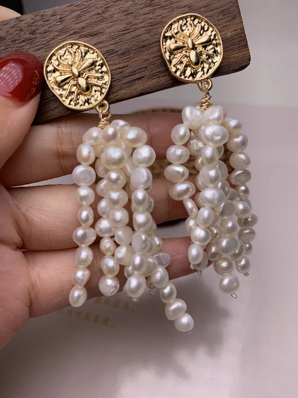 Baroque Freshwater Pearl Tassel Earrings for Women Xmas