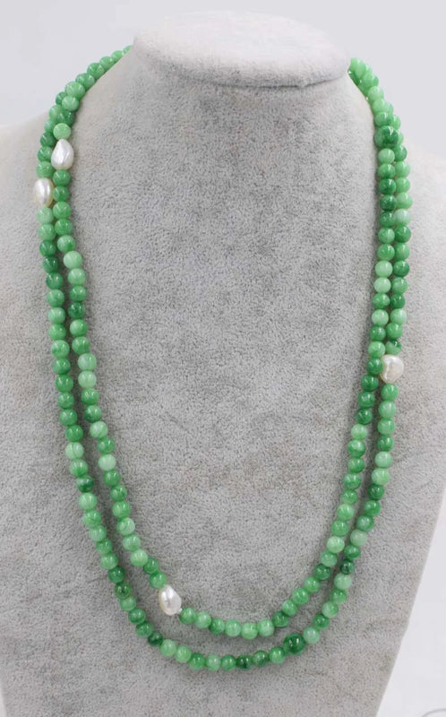 Freshwater Pearl Baroque 6mm + Green Jade Round Necklace 45"
