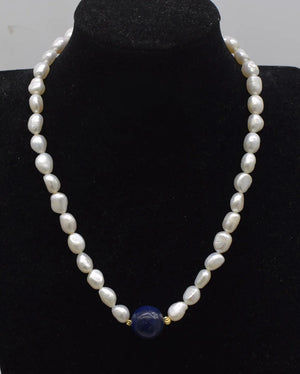 Freshwater Pearl and Lapis Baroque Round Necklace