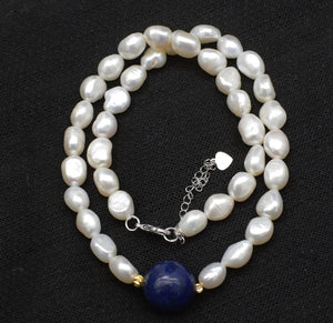 Freshwater Pearl and Lapis Baroque Round Necklace