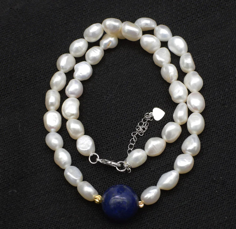 Freshwater Pearl and Lapis Baroque Round Necklace