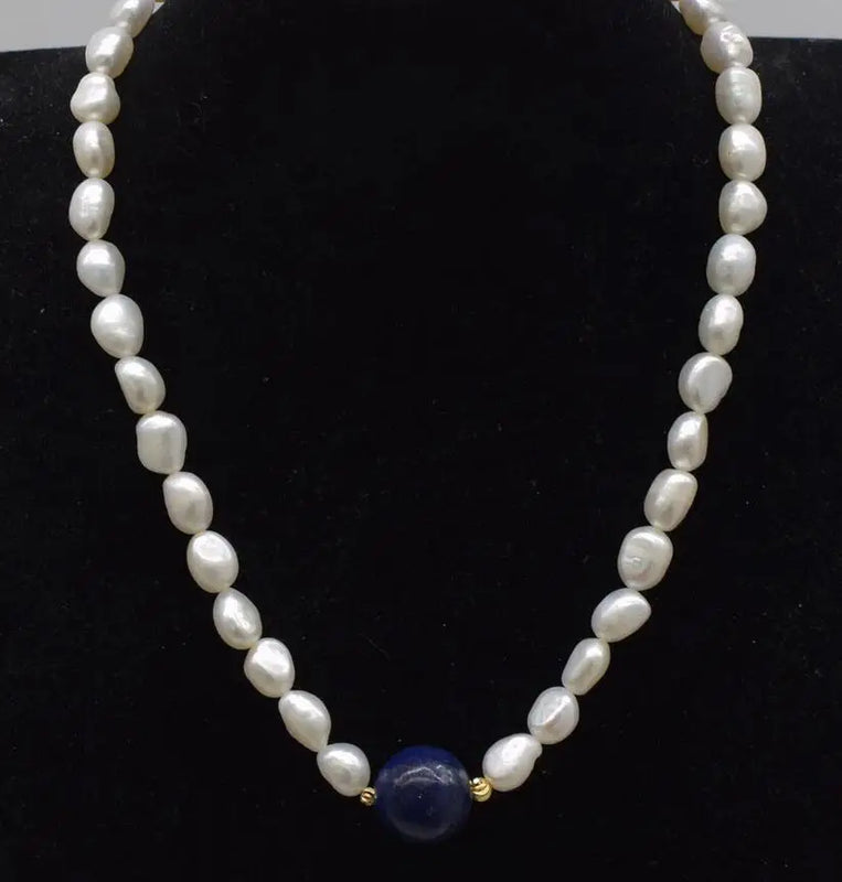 Freshwater Pearl & Lapis Round Necklace 17in
