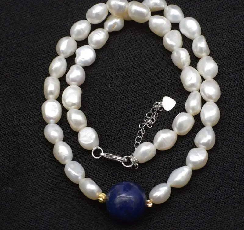 Baroque Freshwater Pearl & Lapis Round Necklace 17in