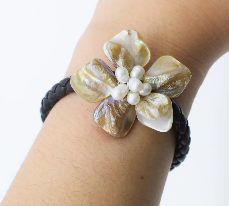 Freshwater Pearl Shell Flower Bracelet 8 inch Handcrafted