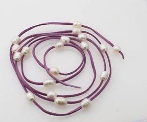 Freshwater Pearl Egg Necklace 63in Brown Leather