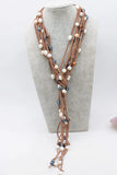 Freshwater Pearl Egg Necklace 63in Brown Leather