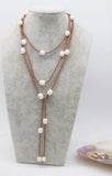 Freshwater Pearl Egg Necklace 63in Brown Leather