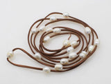 Freshwater Pearl Egg Necklace 63in Brown Leather