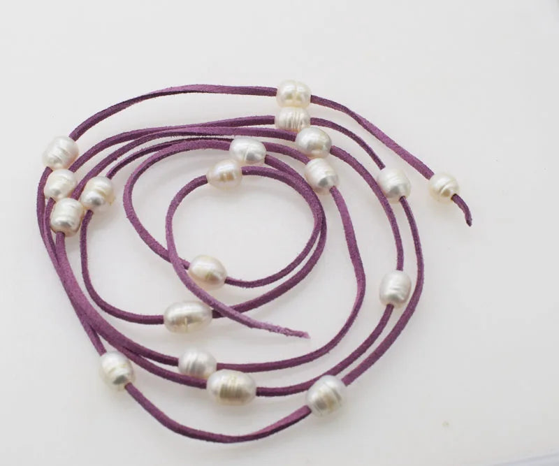 Freshwater Pearl Egg Necklace 63in Brown Leather