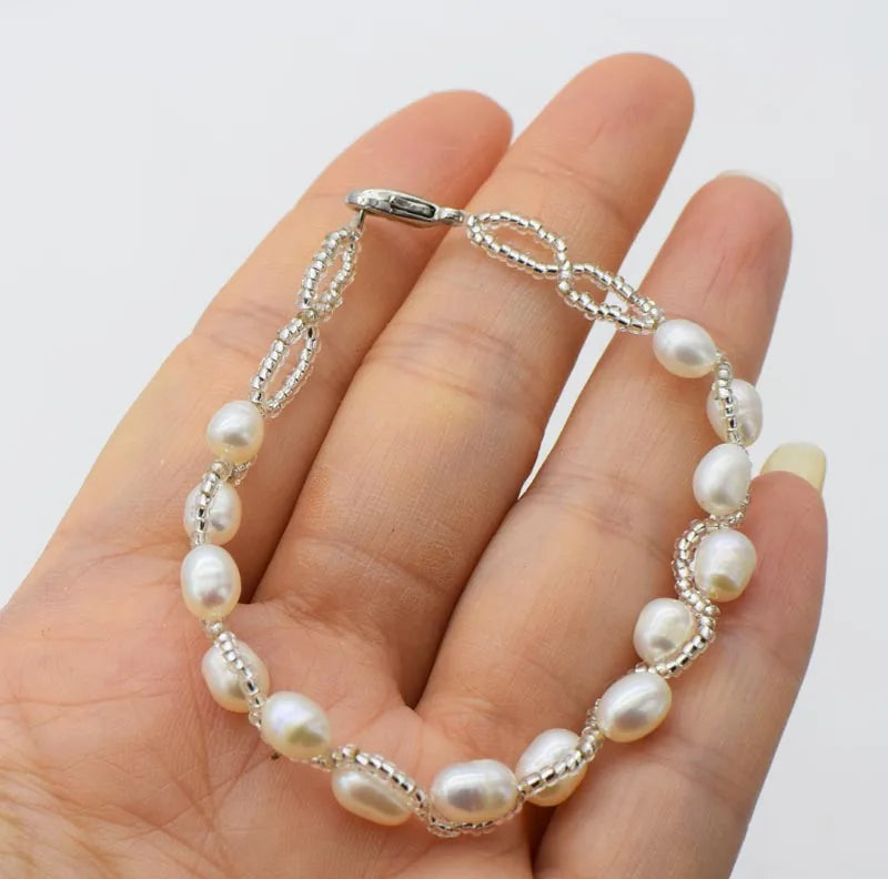 Freshwater Pearl Rice 5-6mm Bracelet 7.5inch White/Black/Pink/Purple Beads