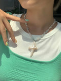 Freshwater Pearl Cross Pendant & Morganite Baroque Choker Necklace