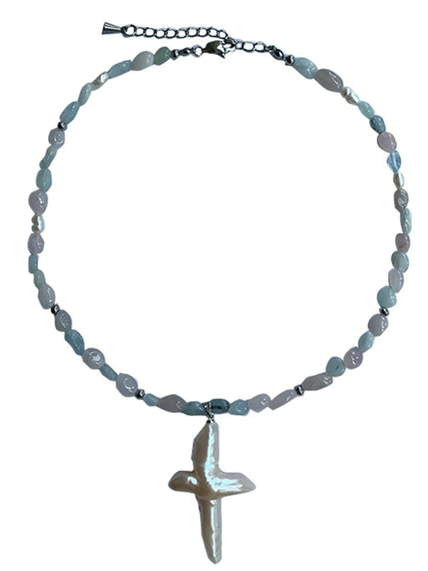 Freshwater Pearl Cross Pendant & Morganite Baroque Choker Necklace