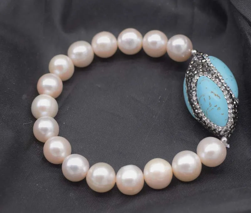 10-11mm Freshwater Pearl Green Zircon Turquoise Egg Bracelet 7.5in Beads