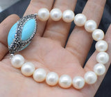 10-11mm Freshwater Pearl Green Zircon Turquoise Egg Bracelet 7.5in Beads
