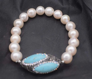 10-11mm Freshwater Pearl Green Zircon Turquoise Egg Bracelet 7.5in Beads