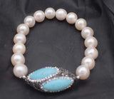 10-11mm Freshwater Pearl Green Zircon Turquoise Egg Bracelet 7.5in Beads