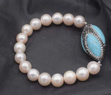 10-11mm Freshwater Pearl Green Zircon Turquoise Egg Bracelet 7.5in Beads