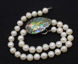 Freshwater Pearl Green Abalone Shell Egg Pendant Necklace 18in