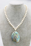 Freshwater Pearl Green Abalone Shell Egg Pendant Necklace 18in