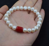 Freshwater Pearl & Jade Round Bead Bracelet 7.5in