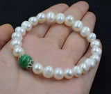 Freshwater Pearl & Jade Round Bead Bracelet 7.5in