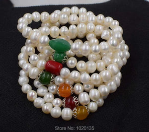 Freshwater Pearl & Jade Round Bead Bracelet 7.5in