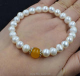 Freshwater Pearl & Jade Round Bead Bracelet 7.5in