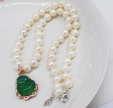 18" Freshwater Pearl Necklace with Green Jade Cross Buddha Pendant