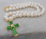 18" Freshwater Pearl Necklace with Green Jade Cross Buddha Pendant