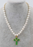 18" Freshwater Pearl Necklace with Green Jade Cross Buddha Pendant