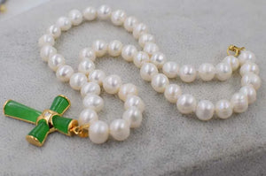 18" Freshwater Pearl Necklace with Green Jade Cross Buddha Pendant