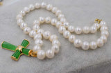 18" Freshwater Pearl Necklace with Green Jade Cross Buddha Pendant