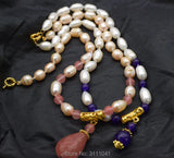 Freshwater Pearl White/Pink Rice Watermelon Quartz Drop Necklace 18inch