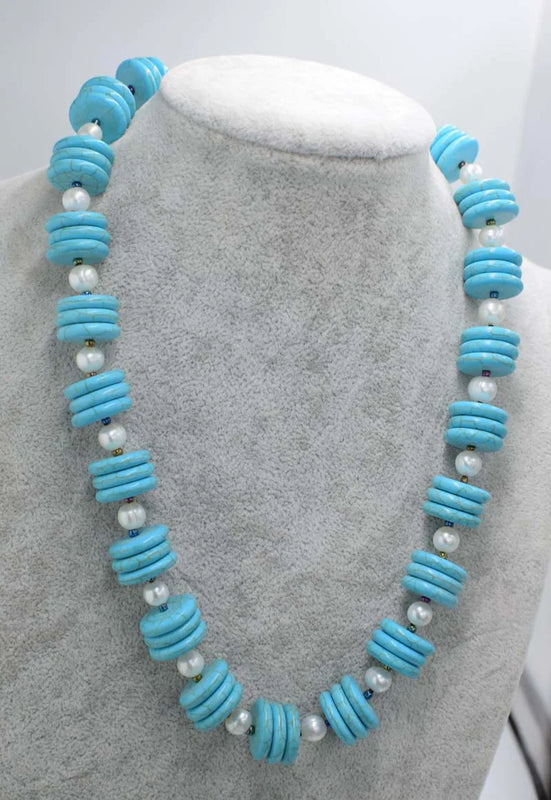 7-8mm Freshwater Pearl Necklace with 16mm Green Howlite Turquoise Beads 19in