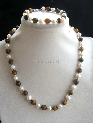 Freshwater Pearl and Yellow Tigers Eye Necklace Bracelet