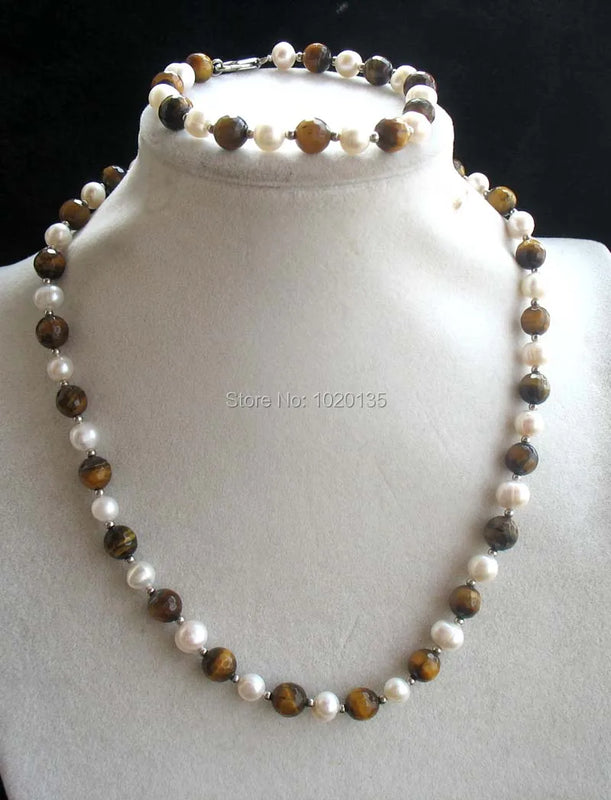 Freshwater Pearl and Yellow Tigers Eye Necklace Bracelet