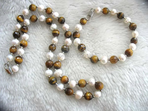 Freshwater Pearl and Yellow Tigers Eye Necklace Bracelet